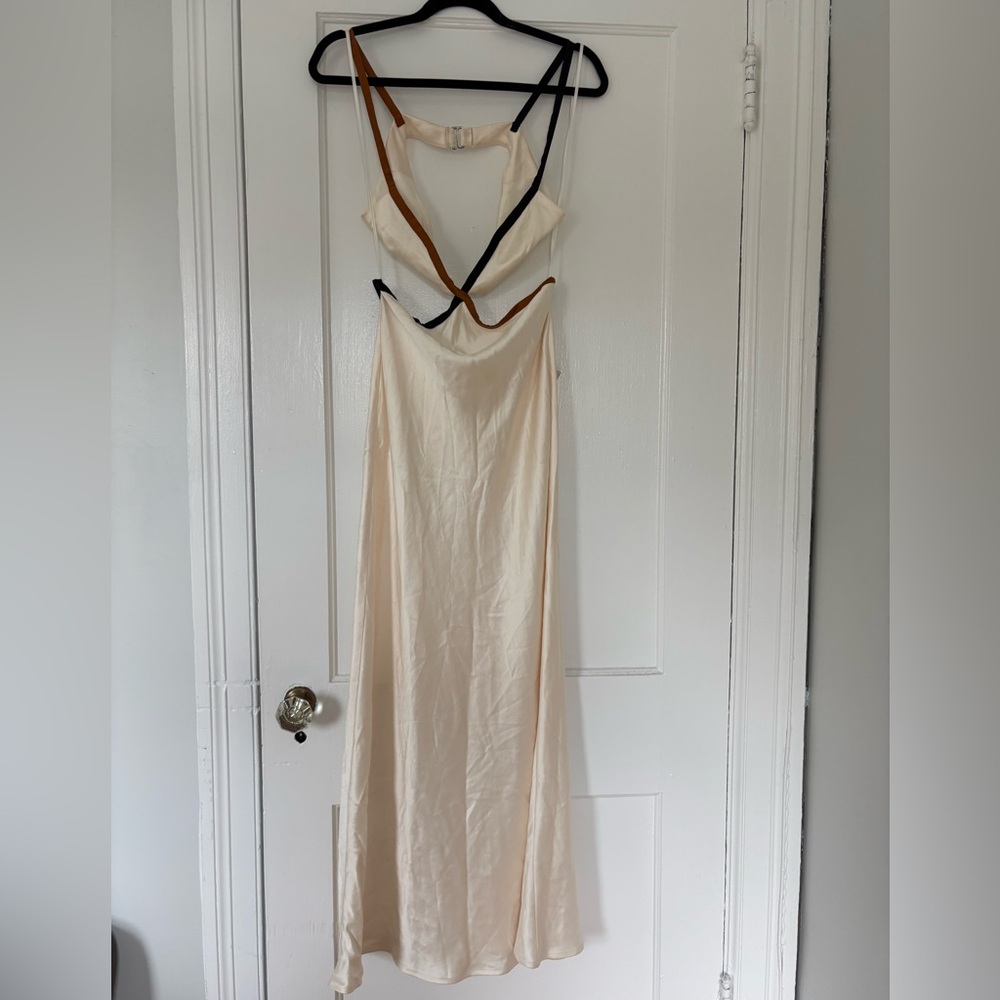 bec + bridge Cream Slip Dress with Black and Brown Contrast Trim